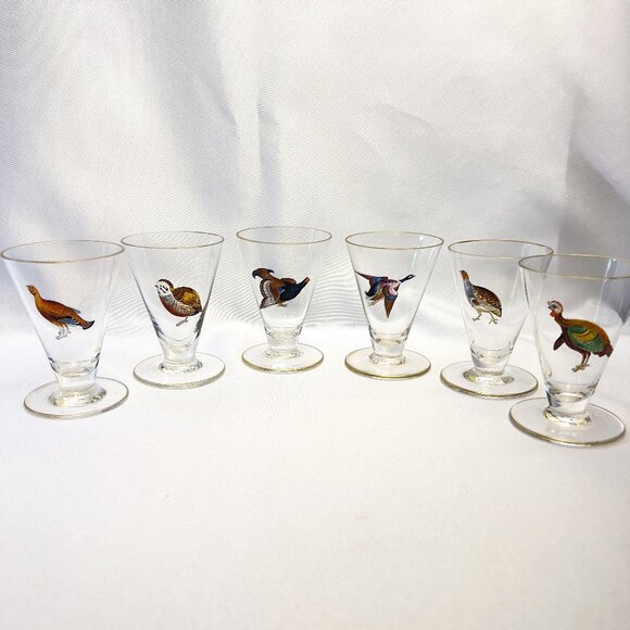 Hand-Painted Vintage Bird Glasses Set of 6 Gold Rim 4 oz Signed Base 3 1/2" H - Picture 1 of 11